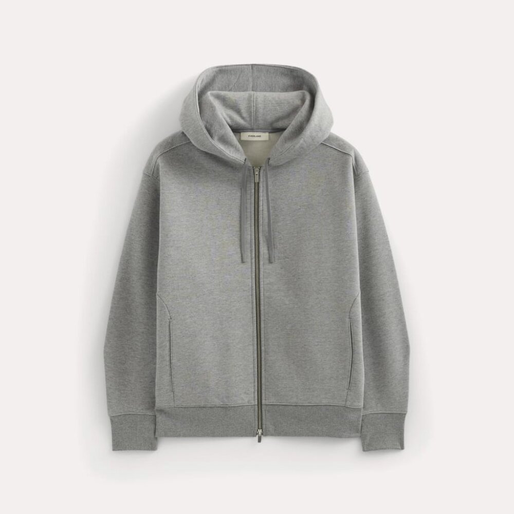 Everlane Men's Luxe Fleece Full-Zip Hoodie in Vintage Heather Grey, Size Large